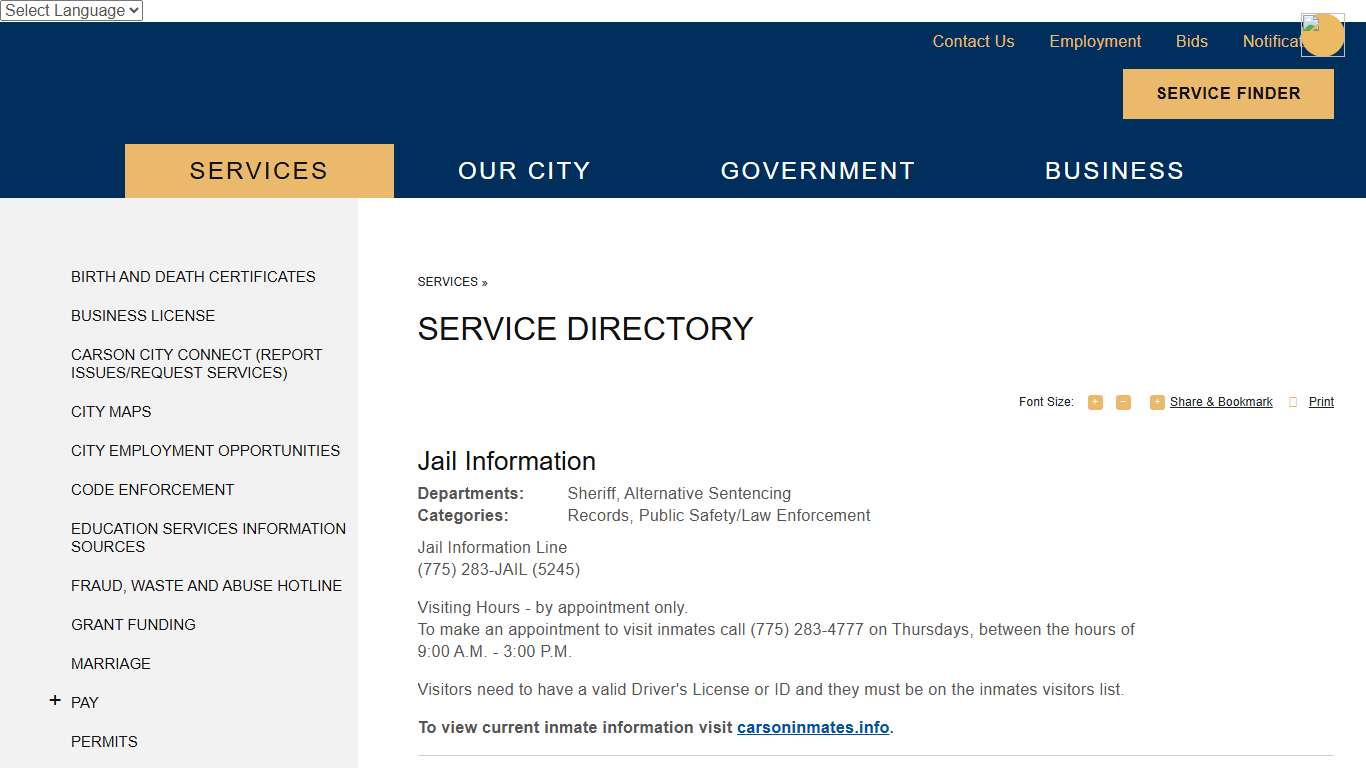 Jail Information | Service Directory | Carson City